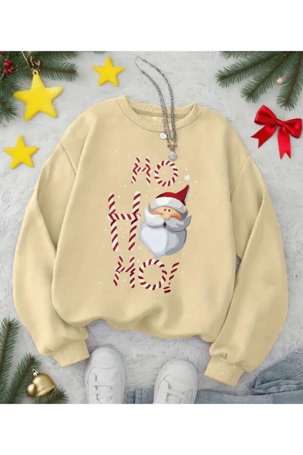 Santa Claus Print Detailed Crew Neck Sweatshirt