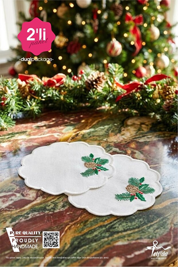 Luxury Embroidered Cocktail Coffee Serving Tray Napkin Mini Placemat Christmas Pine Cone 2 Pieces
