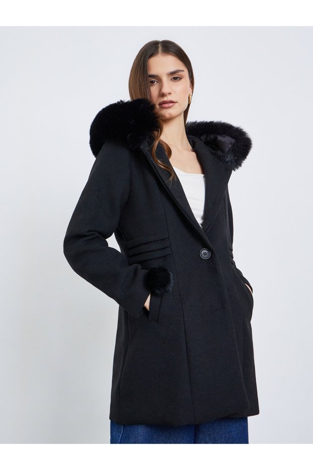 Women Black Longline Wool Like Coat with Faux Fur Hood