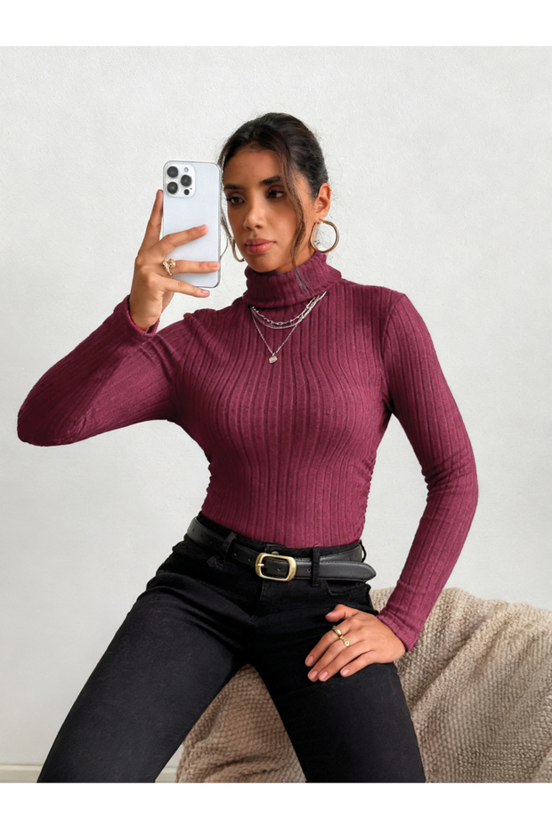 Women Burgundy Ribbed Turtleneck Top