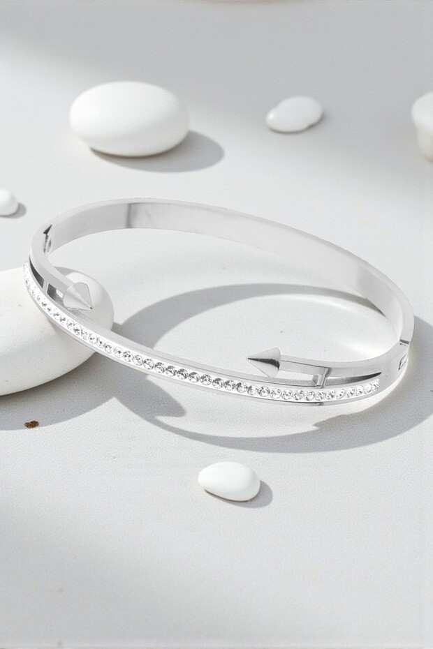 Women's Row Crystal Stone Steel Handcuff Bracelet | Silver Color Non-Tarnish Modern Studded Design