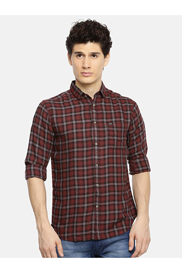 Burgundy Checkered Slim Fit Shirt