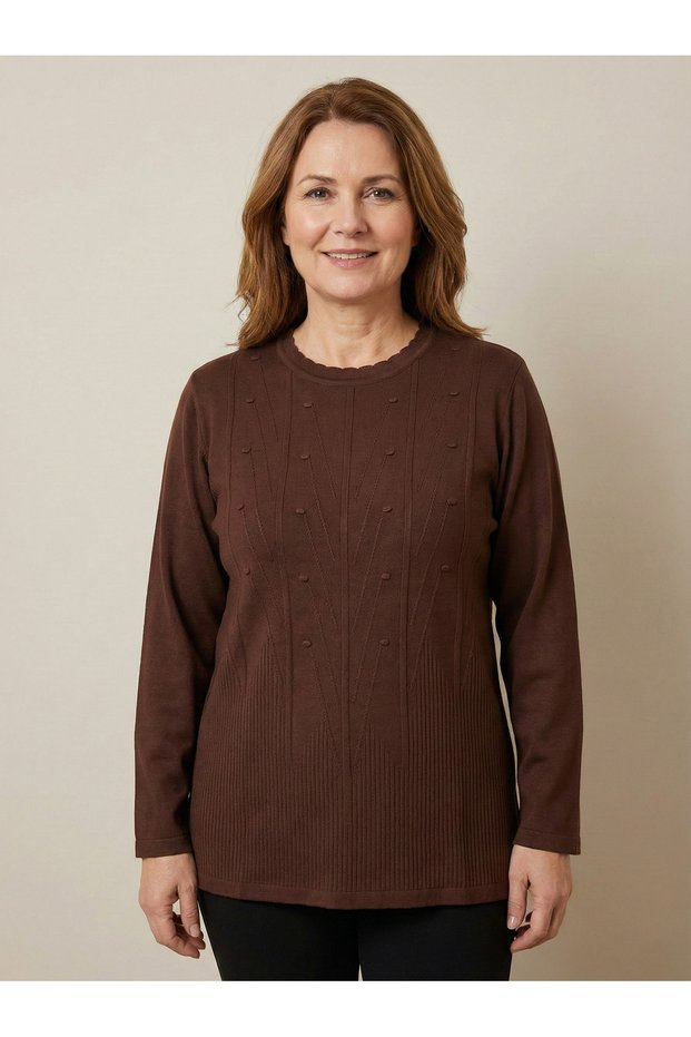 Women's Dark Brown Crew Neck Embossed Patterned Long Sleeve Knitwear Sweater