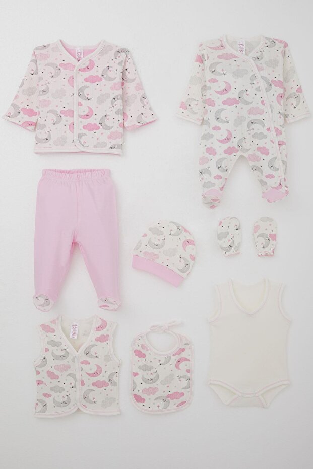 Baby Girl Hospital Release 8-Piece Sky-Themed Sleepy Moon Patterned 0-3 Months, Ecru