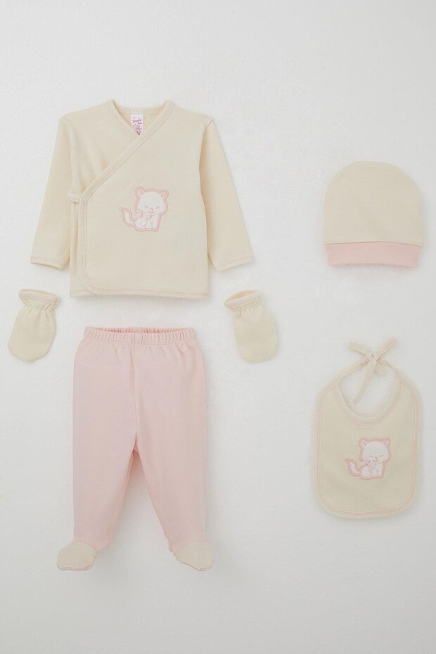Baby Girl Hospital Release 5-Piece Set Cute Cat Embroidered Bow 0-3 Months, Cream