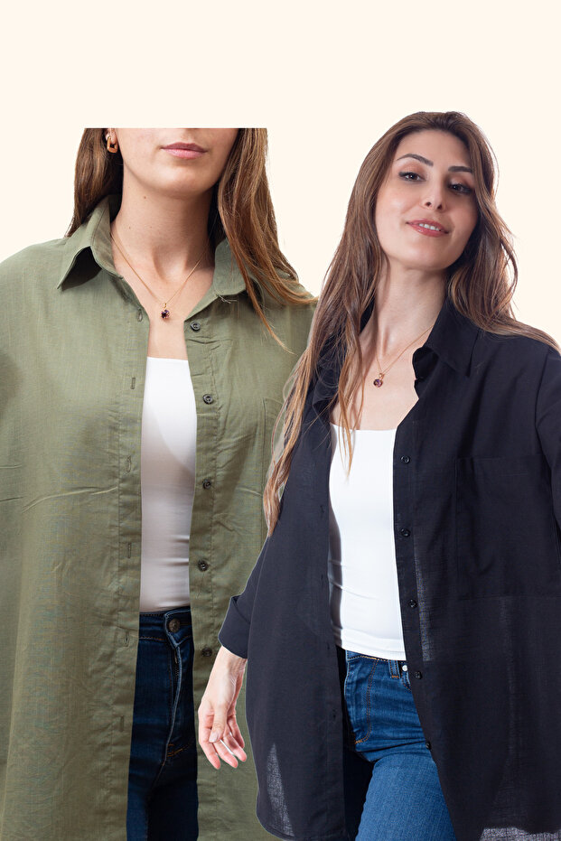 Women's Oversized Cotton Linen Black - Army Green Shirt