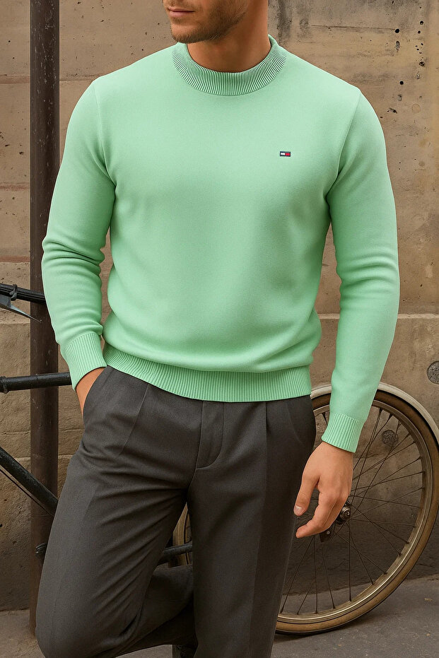Erkek Kışlık Yarım Boğazlı Dar Basic Mint Kazak - 2