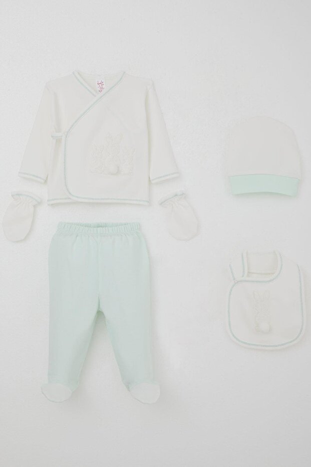 Baby Girl Hospital Release 5-Piece Pompom Bunny Embroidered 0-3 Months, Ecru