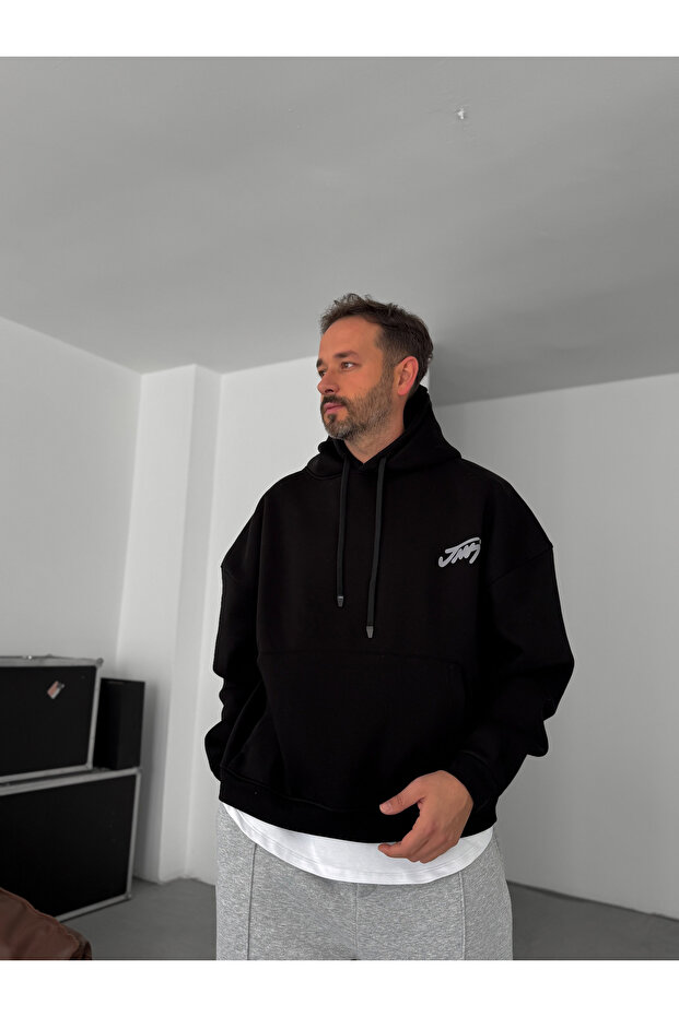 Siyah Basic Baskılı Kapüşonlu Sweatshirt JJ-101 - 3