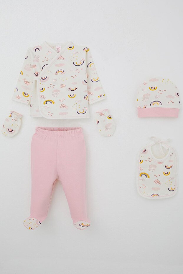 Baby Girl Hospital Release 5-Piece Set, Sky-Themed Cloud Pattern, 0-3 Months, Ecru