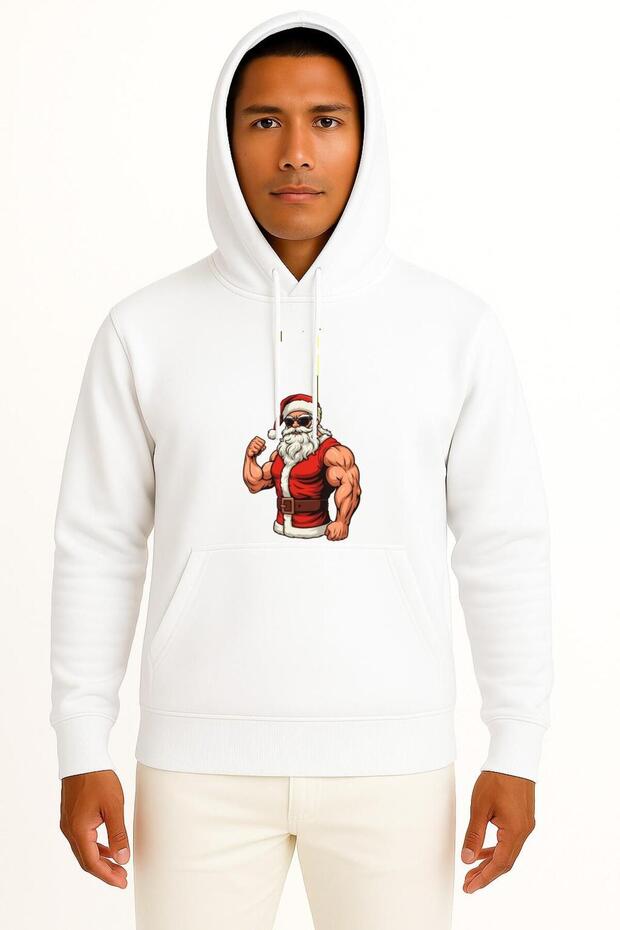 Hooded Muscular Santa Claus New Year Christmas Chest Printed Unisex Sweatshirt