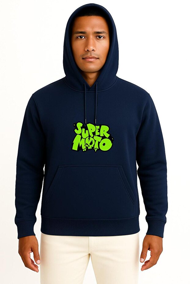 Hooded Super Moto Green Chest Printed Unisex Sweatshirt
