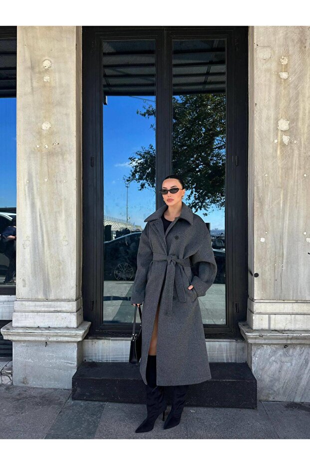 Oversized Gray Belted Long Women's Coat