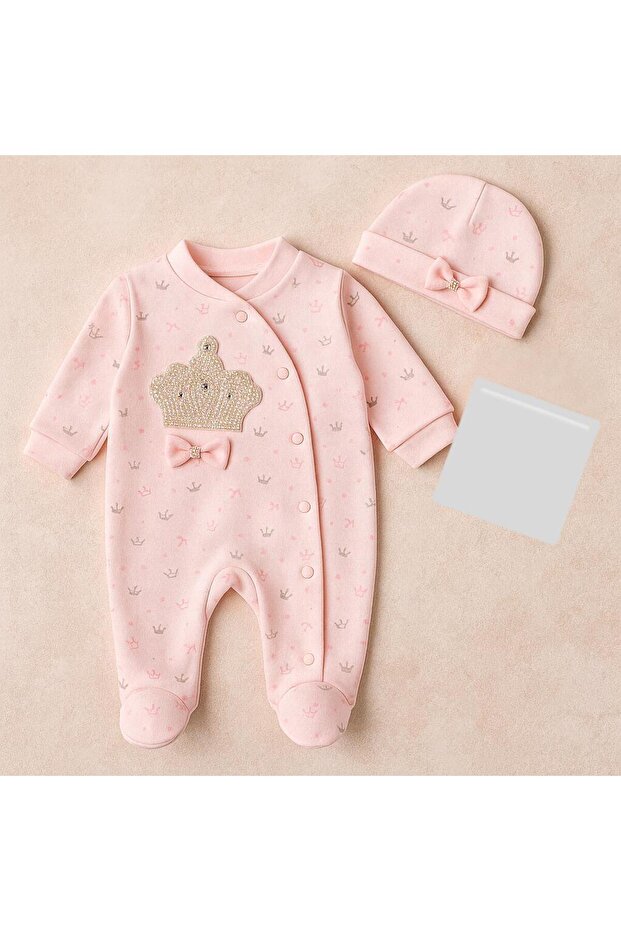 Newborn Baby Girl Romper with Stones Snap Closure 2 Piece Set Romper Bodysuit and Beanie
