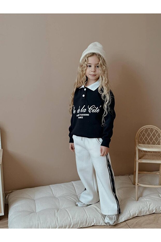 Girl's Collar-Style Buttoned Wide-Leg 3-Ply Tracksuit Set