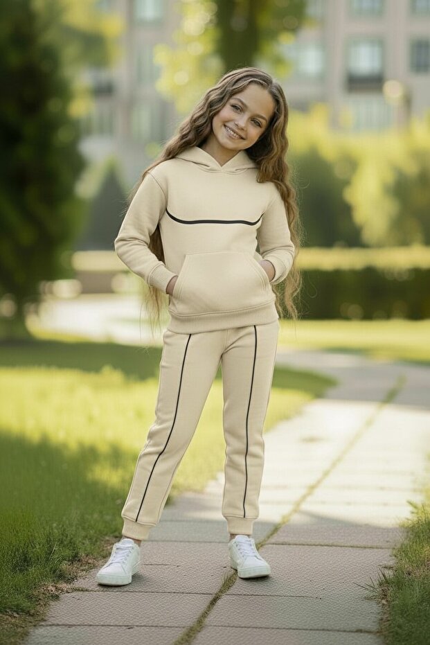 Double Yarn Girls' Hooded Top and Bottom Tracksuit Set, 100% Cotton