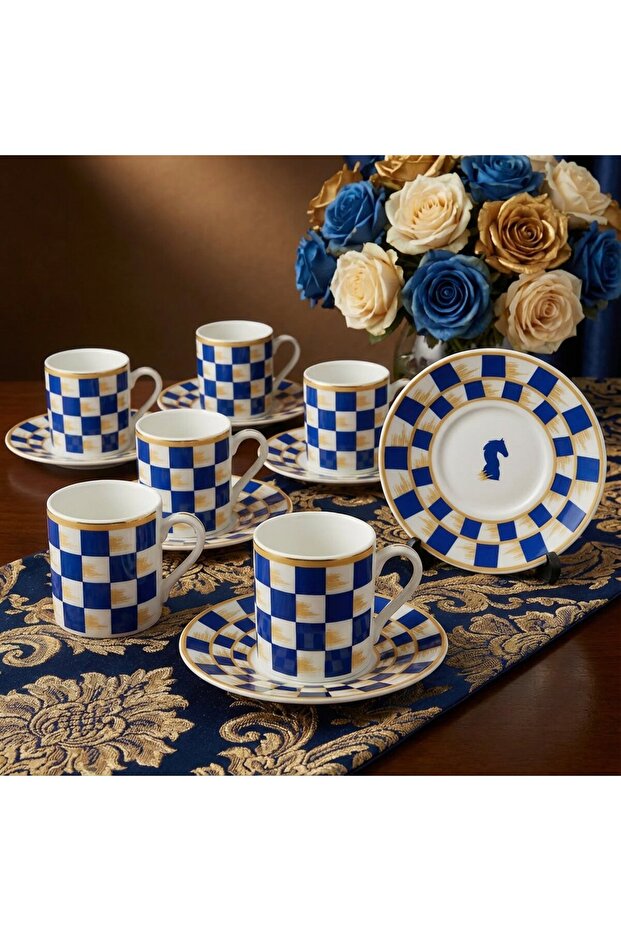 Horse Blue White Checkerboard Decor 6-Person Porcelain Coffee Cup Set – 90 Ml.