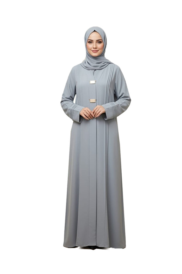 Gray crepe abaya with an overlapping front design and elegant buttons - 1