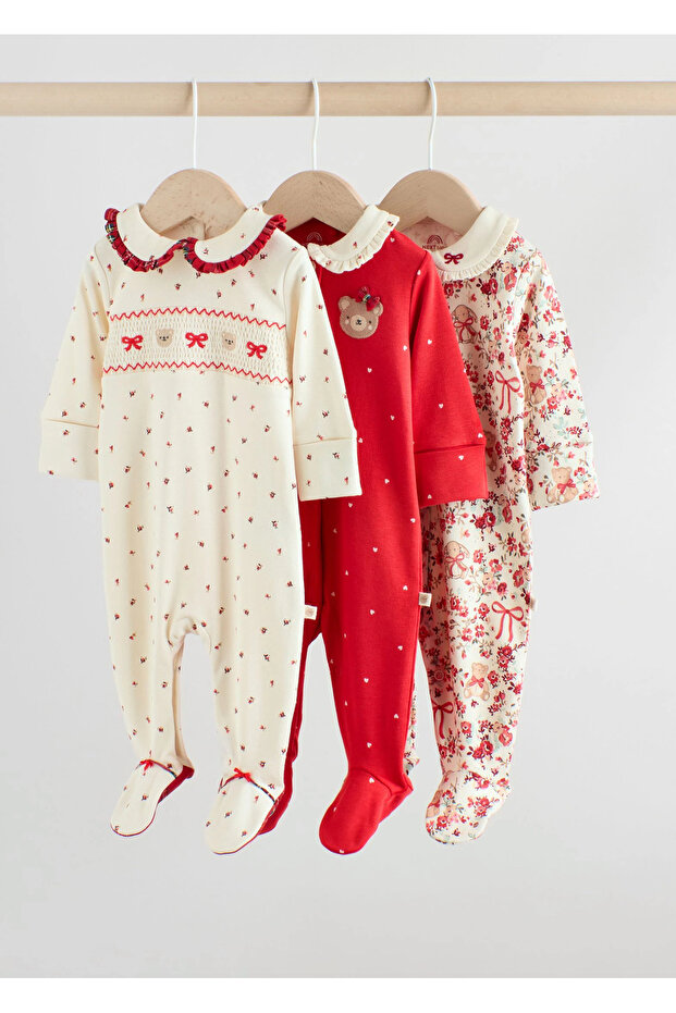 Red Bow Bear Sleepsuits 3 Pack Baby - 1