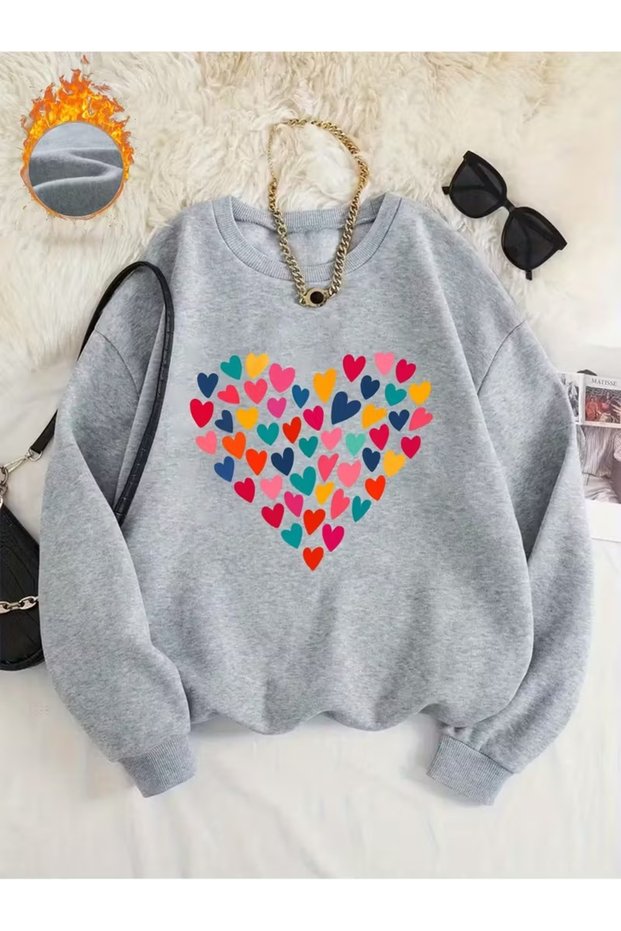 Women's Gray Heart Rain Printed Crew Neck Oversized Sweatshirt