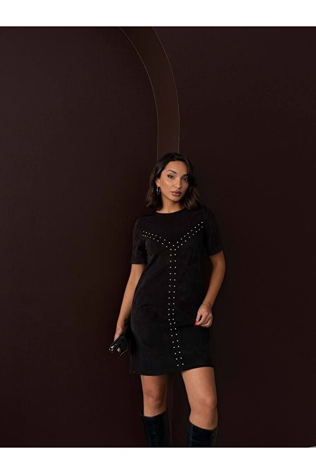 Süet Zımba Detaylı Mini Elbise - 1