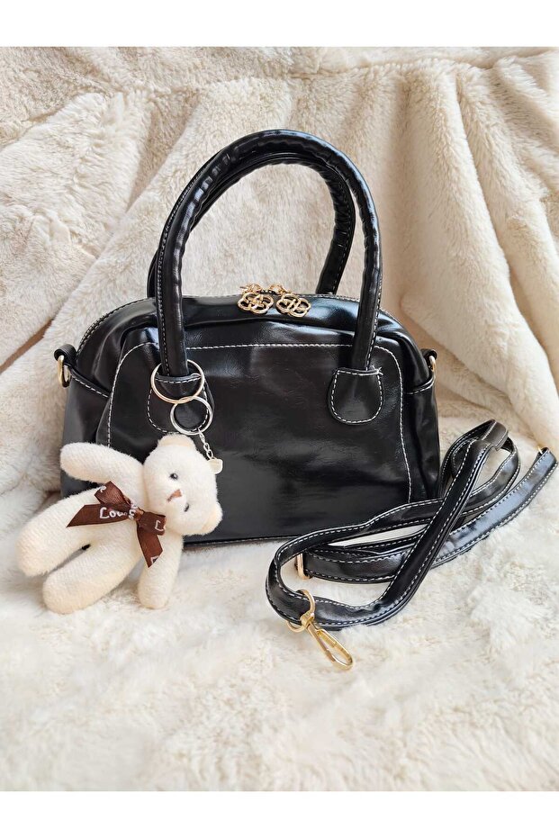 Shiny Leather Women's Bag with Hand & Shoulder Strap and Teddy Bear