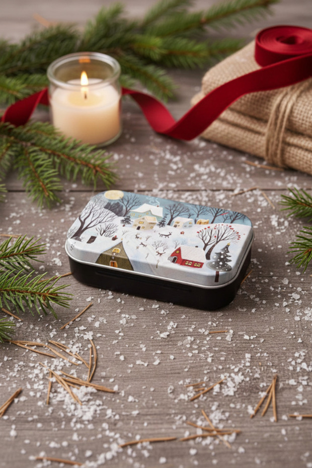 Winter Village Patterned Metal Box - Multi-Purpose Organizer & Storage Container with Flat Interior Structure