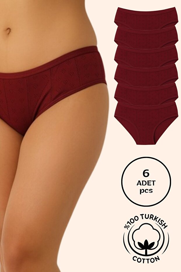 Women's 6-Piece Burgundy Jacquard Bato Panties - 100% Cotton