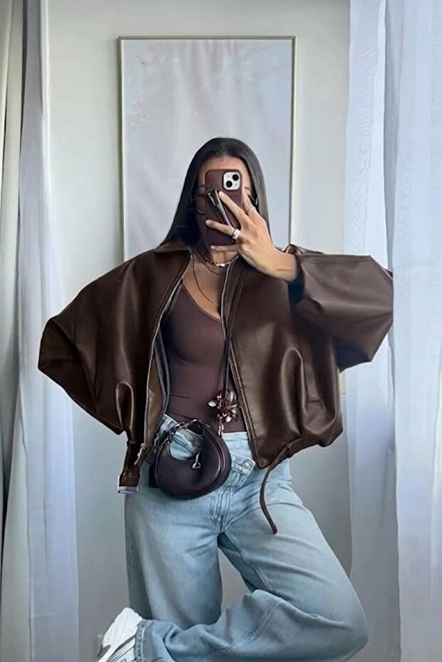Oversized Zippered Belt Detail Women's Leather Jacket
