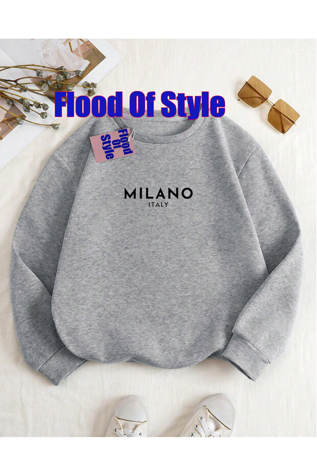 Gray Milano Minimalist Printed Biskilet Collar Sweatshirt