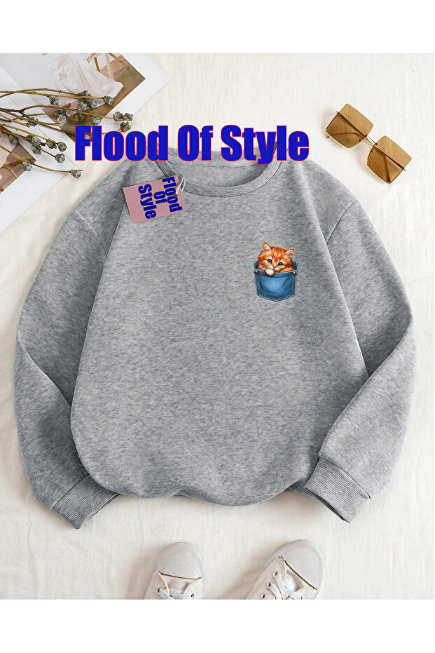 Gray Cat Minimalist Printed Biskilet Collar Sweatshirt