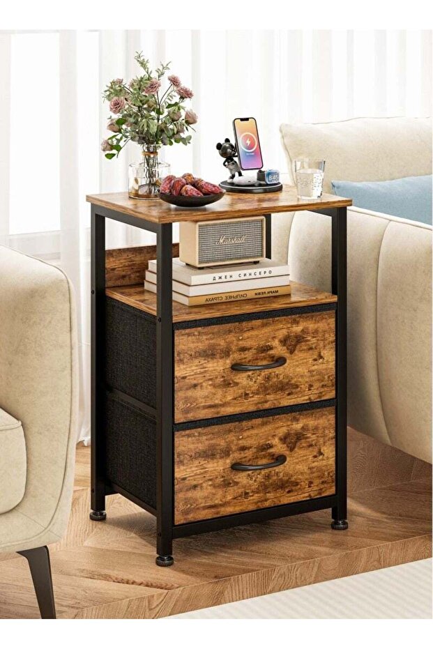 طاولة جانبية بثلاث طبقات مع درجين من القماش، مقاس 45×30×73 سم، لون بني