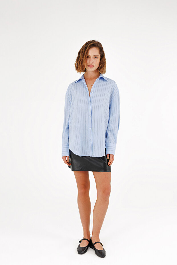 Oversize Çizgili Gömlek - 1