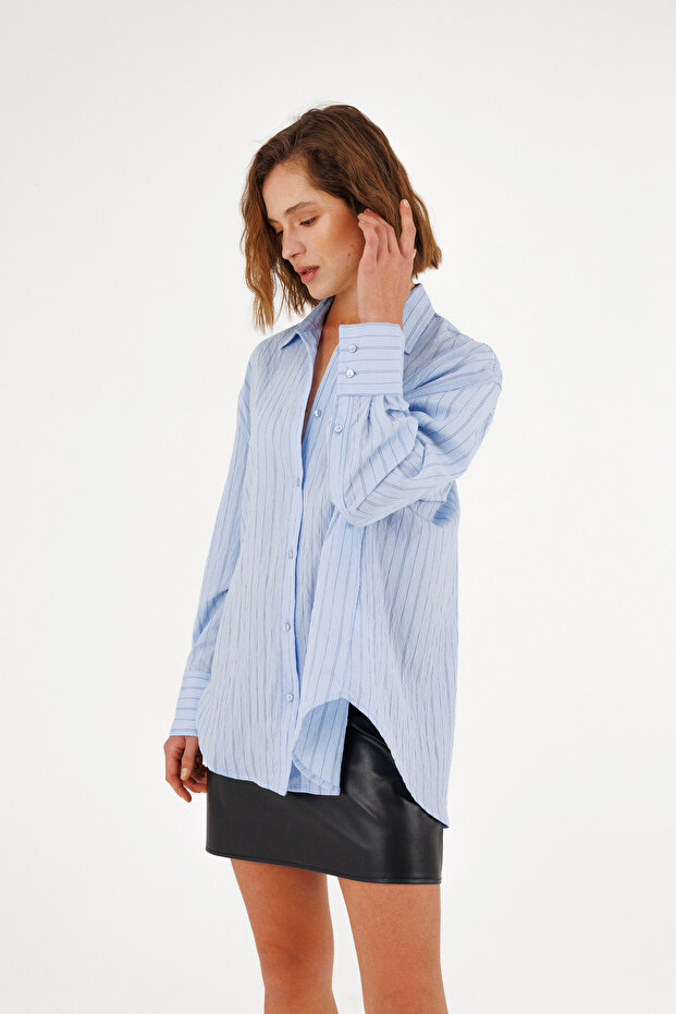 Oversize Çizgili Gömlek - 2