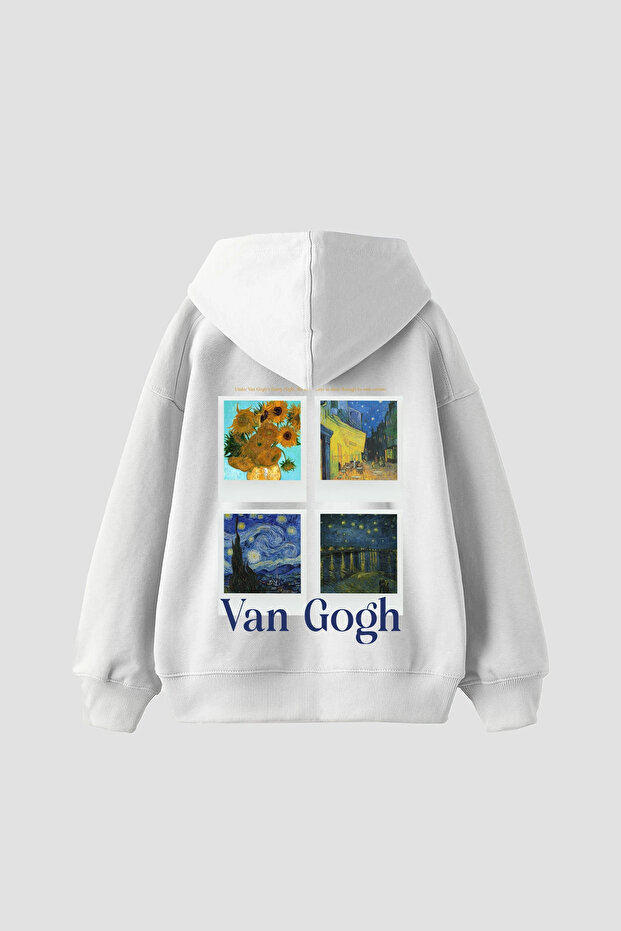 Van Gogh Polaroid Printed Oversized Unisex White Hoodie