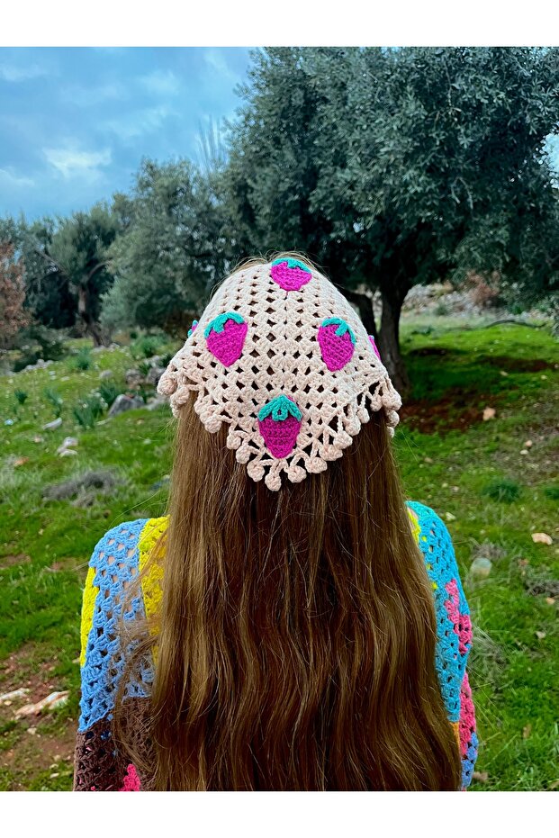 Strawberry Patterned Hand Knitted Bandana