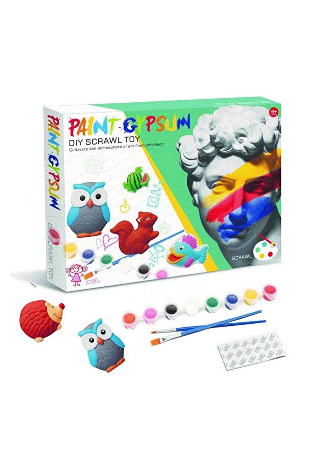 DIY Gypsum Animals Paint Set - 12 Animals (7-10 cm) with 8 Paints, 2 Brushes & 8 Stickers