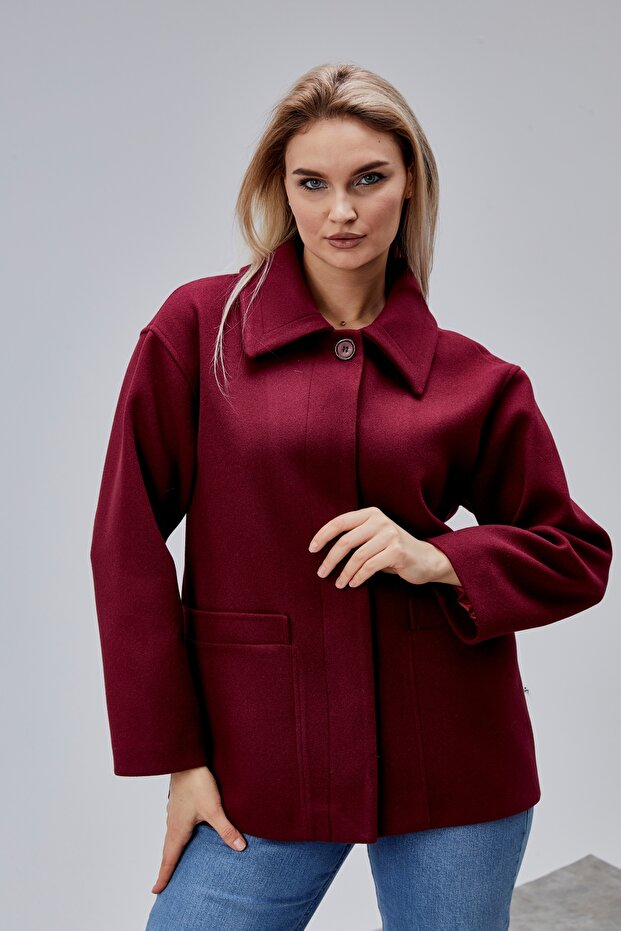 Camille Burgundy Oversized Pocket Detailed Lined Cashmere Jacket