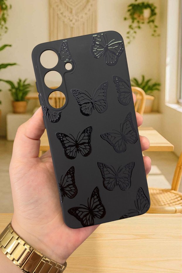 Samsung Galaxy A55 Compatible Black Butterfly Patterned Silicone Shock-Absorbing Classic Protective Rubber Case 277