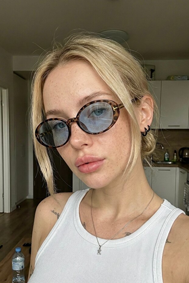 Ovelle Women's Leopard Frame Blue Glass Oval Sunglasses – Accessory Detailed Uv400