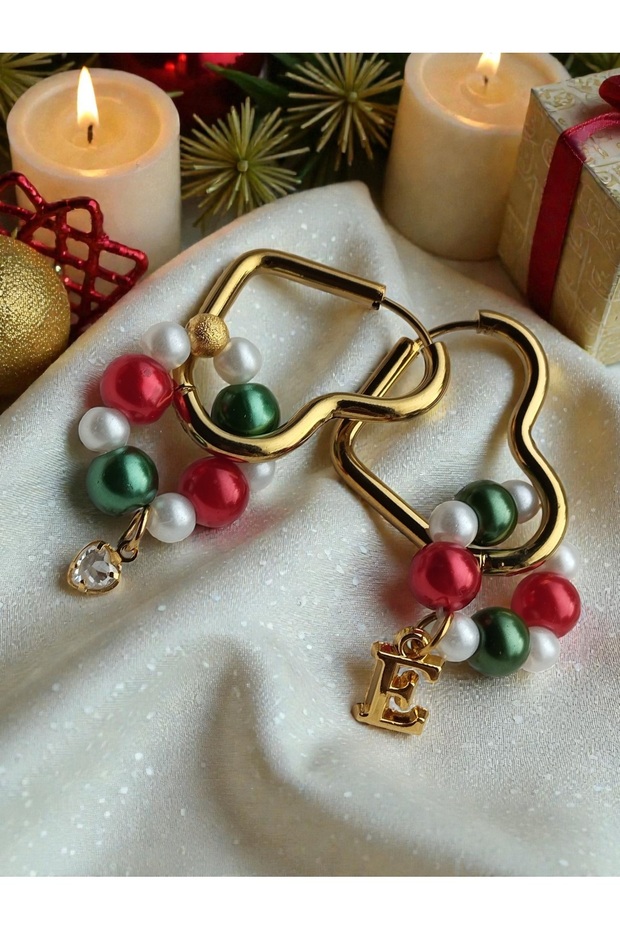 Steel Heart Earrings with New Year Themed Letter and Heart Charms