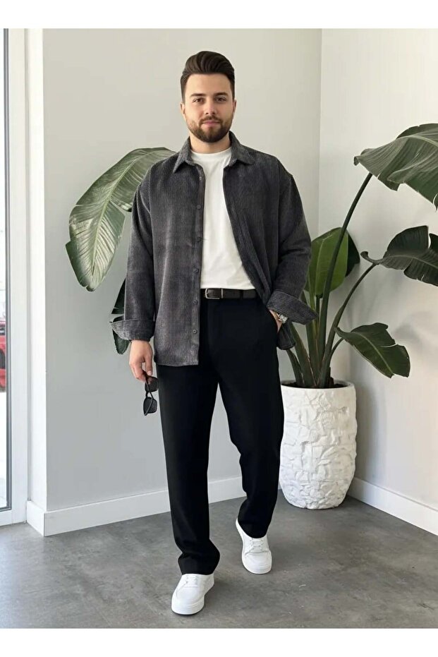 Batik Antrasit Oversize Kadife Gömlek - 2