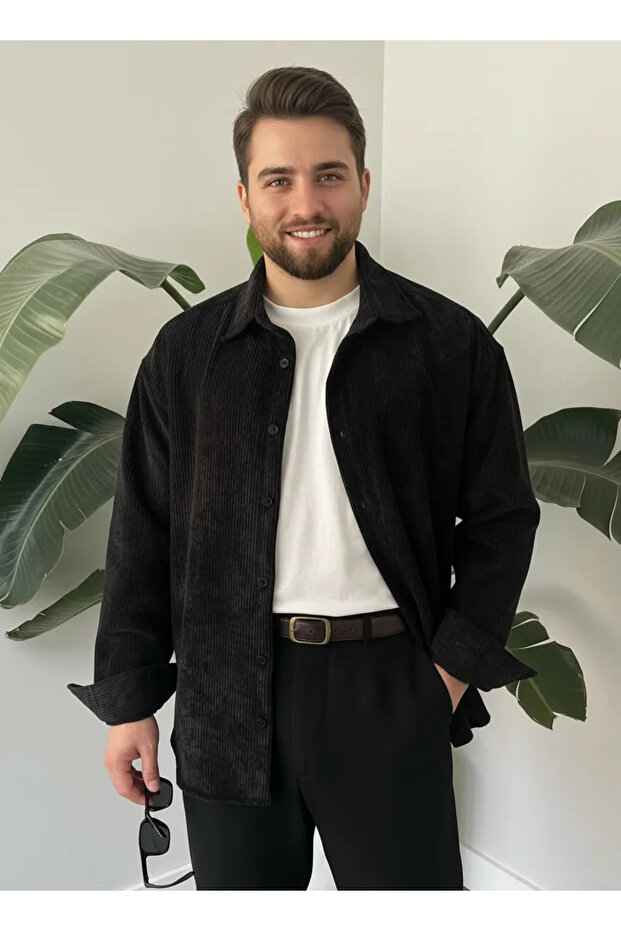 Siyah Oversize Kadife Gömlek - 1