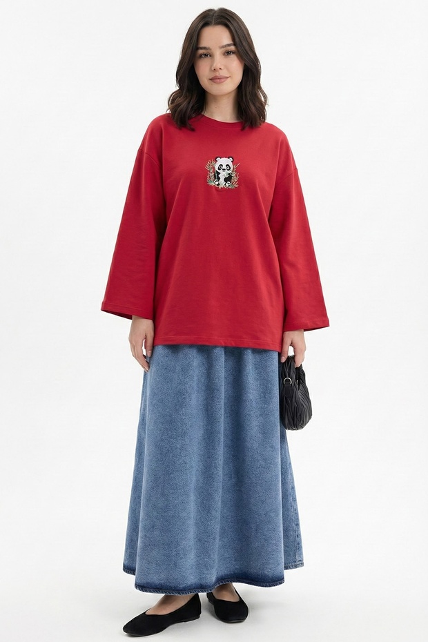 Bambu Panda Nakışlı Oversize Kırmızı Sweat - 3