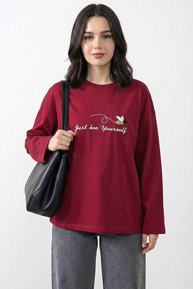 Bee Pattern Embroidered Oversized Claret Red Sweat