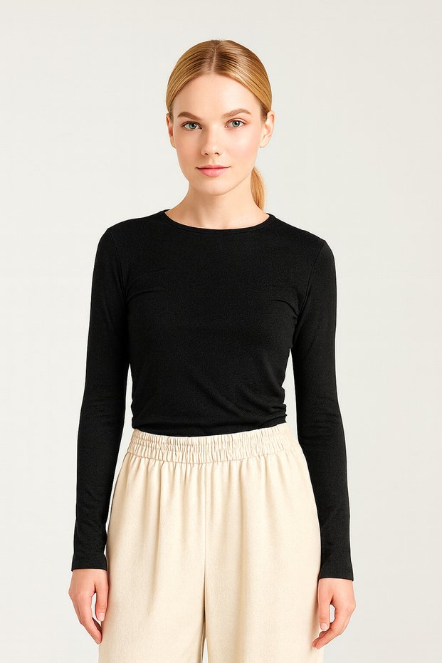 Soft Touch Women's Black Round Neck Flexible Casual Blouse