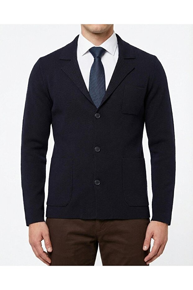 Italian Style S Slim Fit Men's Mono Collar Button Cardigan Navy Blue T14843