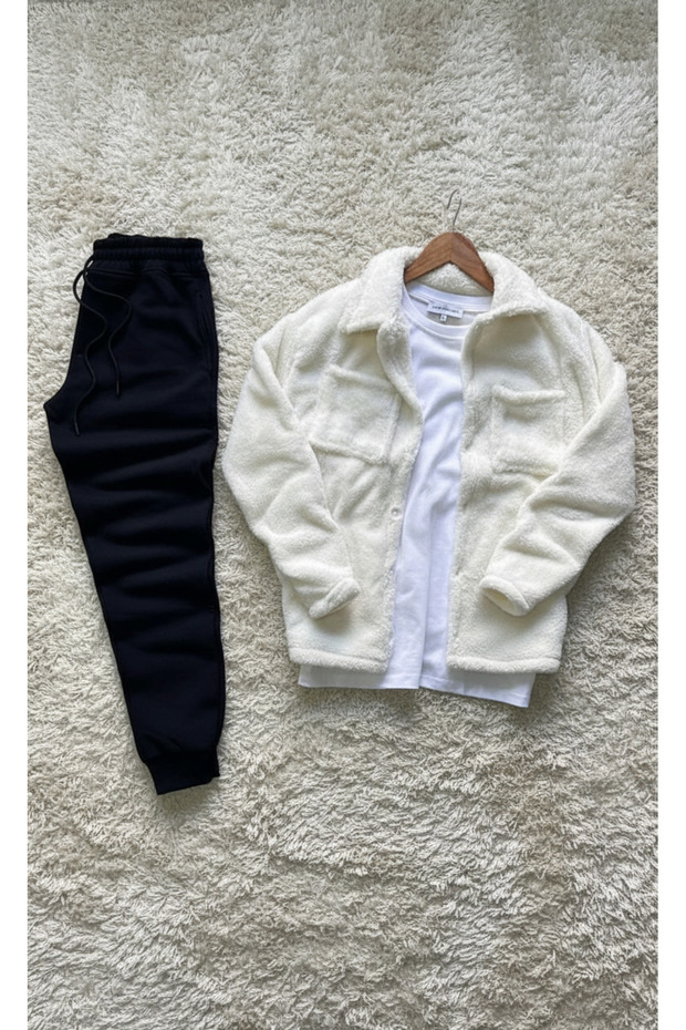 Trend, Men'S, White, Teddy Sherpa, Plush, Fleece, Jacket, Black, Jogger Sweatpants