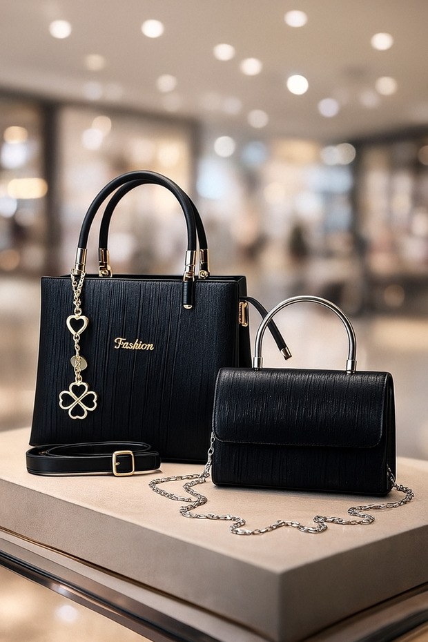 Women's Shoulder and Hand Bag Set of 2, Chain Strap, Black Glitter Evening Bag