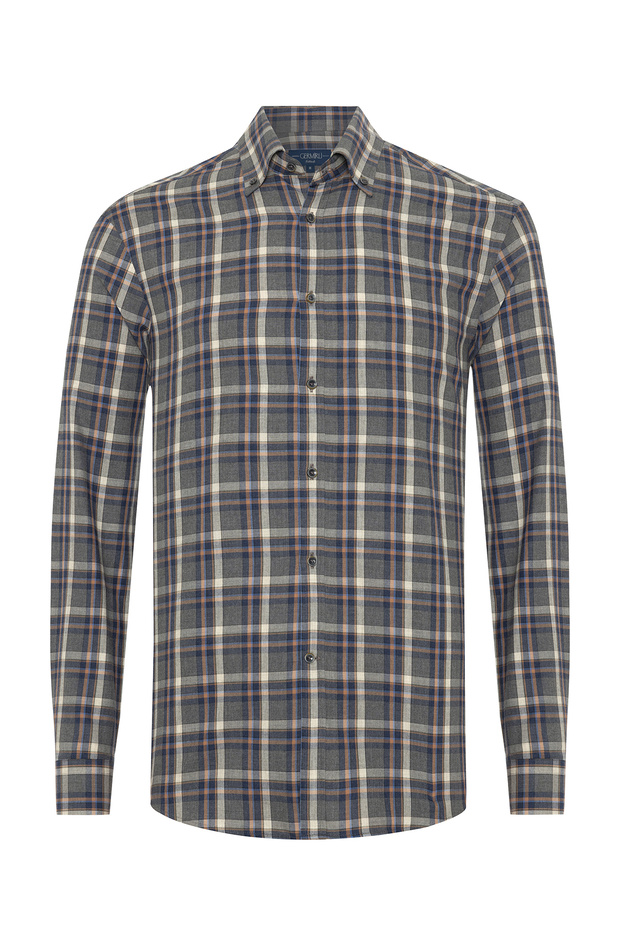 Gray Navy Blue Plaid Flannel Buttoned Collar Tailor Fit Cotton Shirt